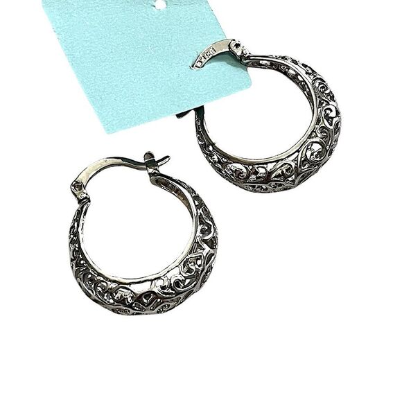 🌴 Filigree Hoop Earrings | Silver Tone - Picture 1 of 9